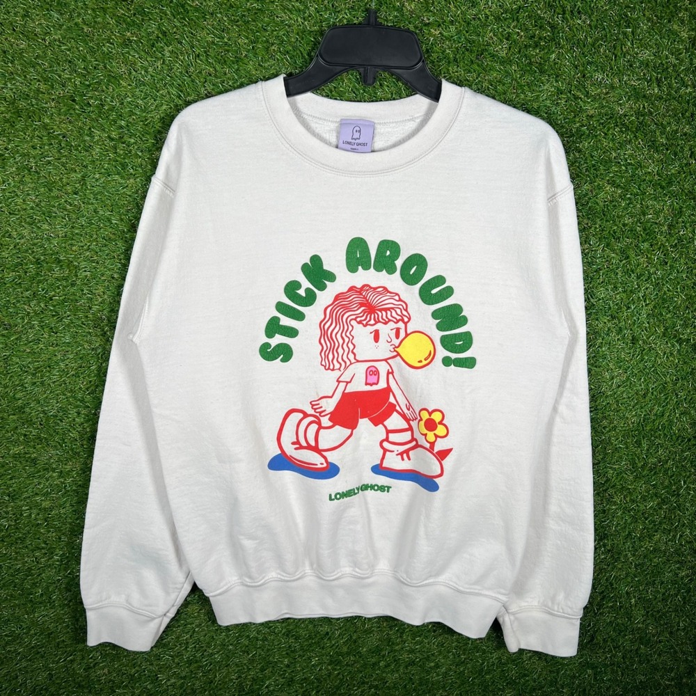 Lonely Ghost Stick Around Graphic Sweatshirt Off-White Crewneck Small